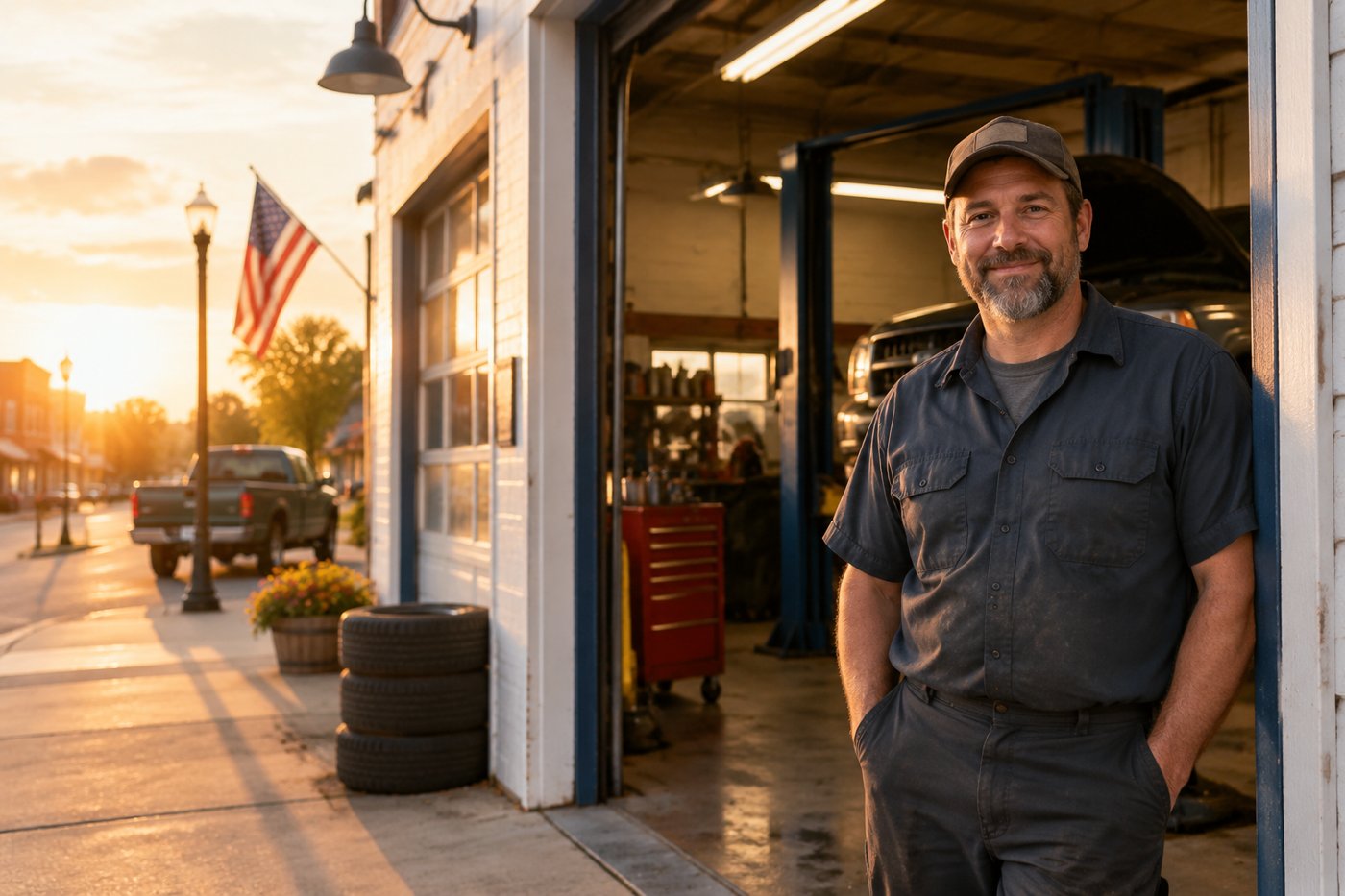 A friendly small-business owner in front of a modern website