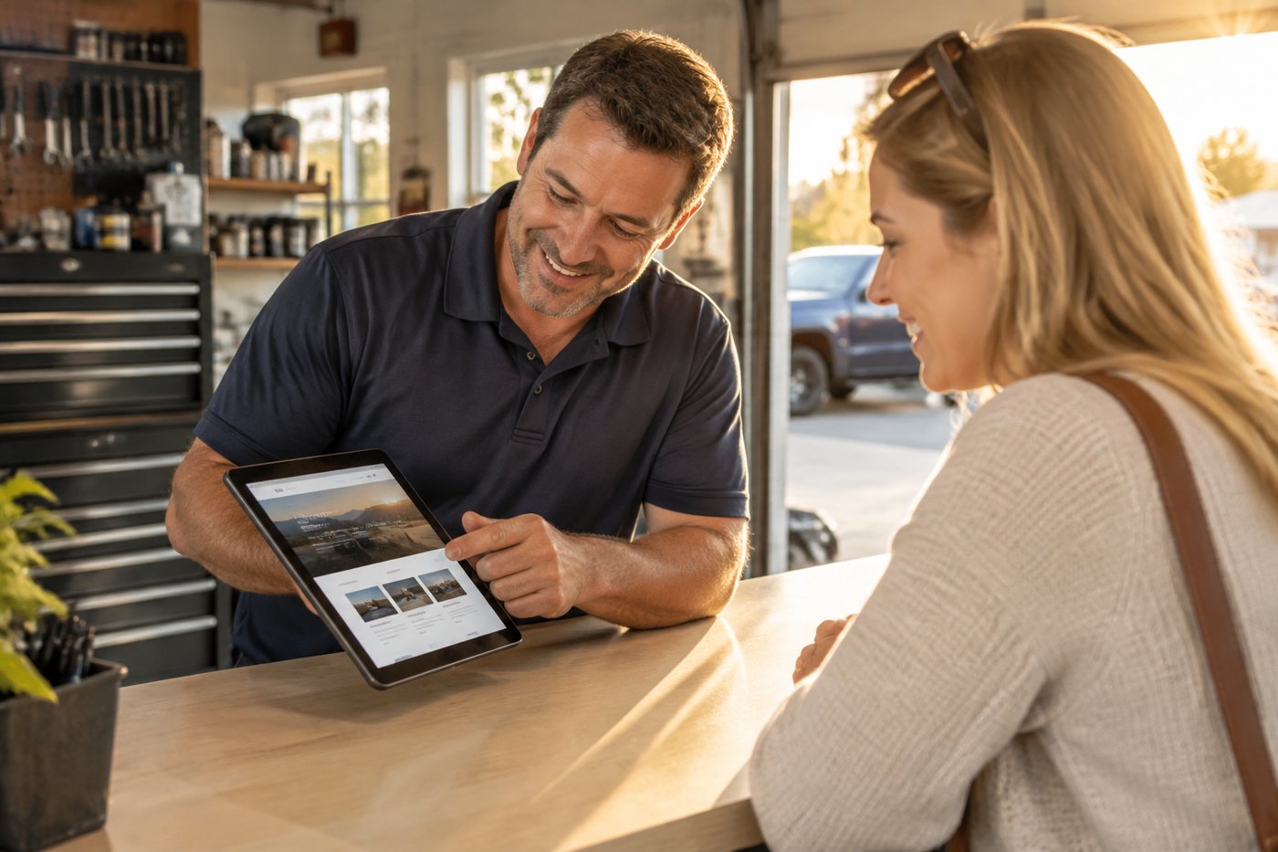A shop owner showing their new website on a tablet